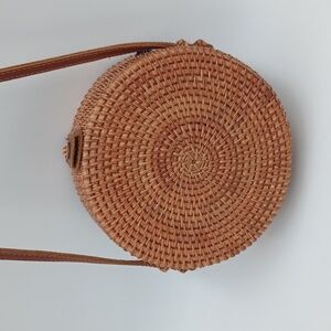 Handwoven Rattan Beach Bag Round With Long Leather Strap Crossbody Cotton Lining